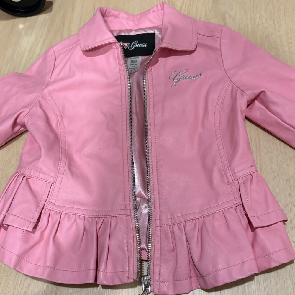 Guess Kids Vibrant Pink Ruffled Faux Leather Jacket